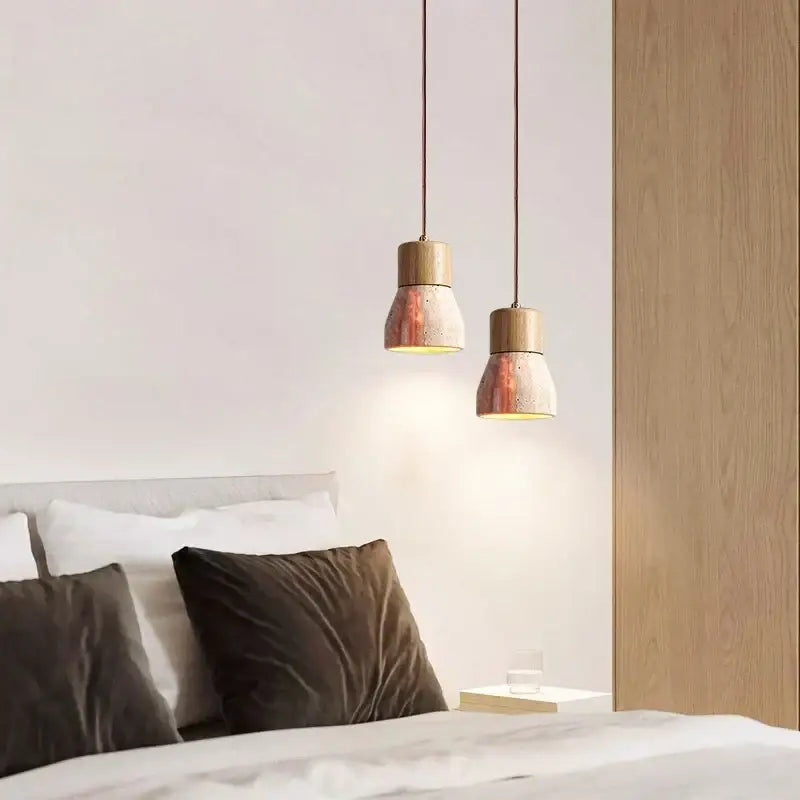 Rustic wood and yellow travertine led hanging lamps for dining room