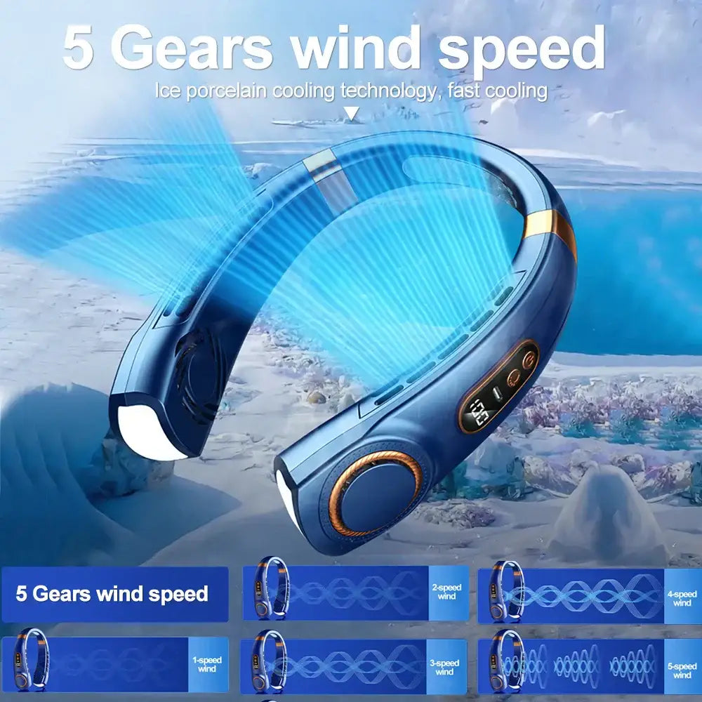 Modern blue & white neck cooling fan with colorful atmosphere lights