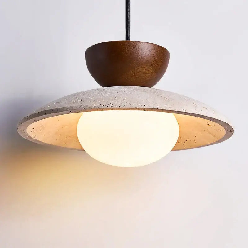 Modern travertine and wood hanging pendant light living room