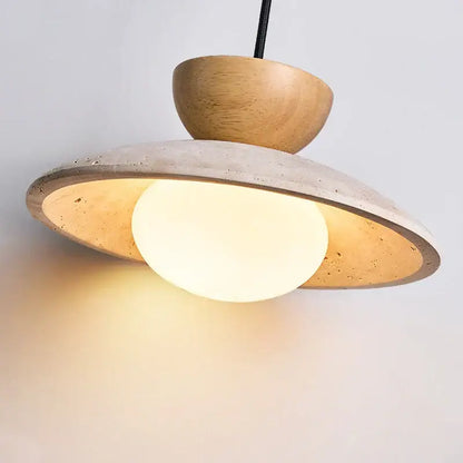 Modern travertine and wood hanging pendant light living room
