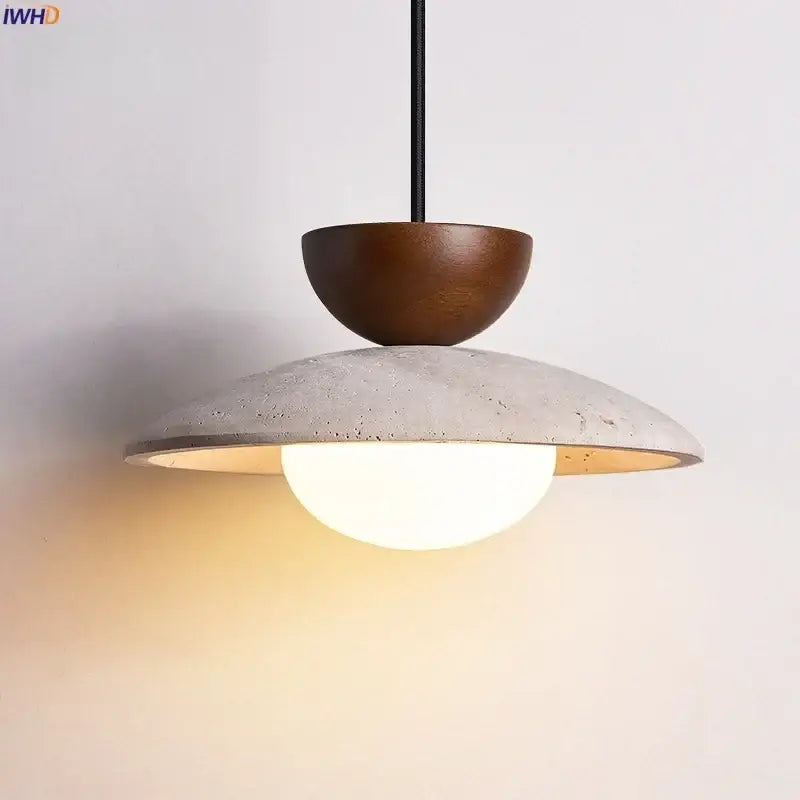 Modern travertine and wood hanging pendant light living room