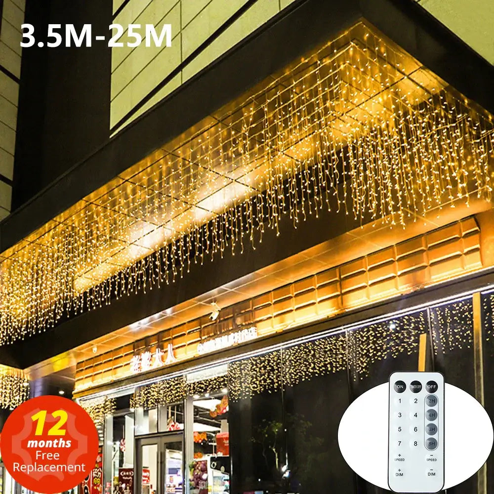 Golden led icicle string lights outdoor holiday decor with remote