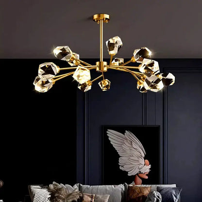 Branching gold crystal led indoor chandelier lighting dining room