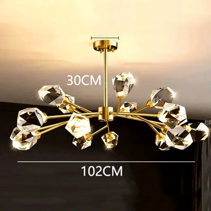 Branching gold crystal led indoor chandelier lighting dining room