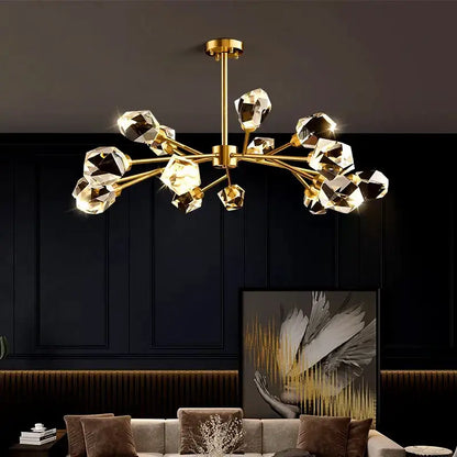 Branching gold crystal led indoor chandelier lighting dining room