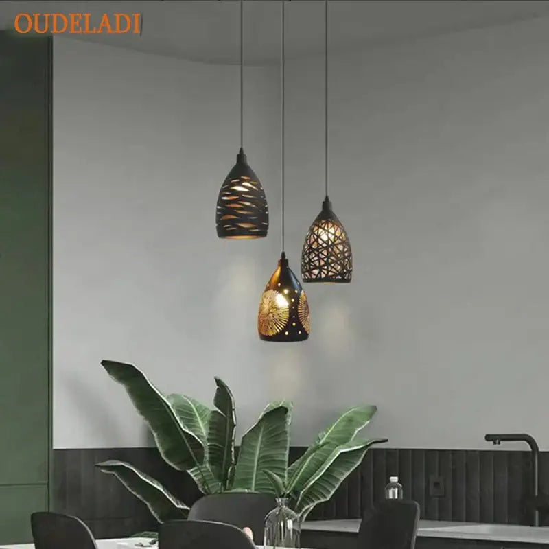 Modern black and gold iron cage pendant light dining room