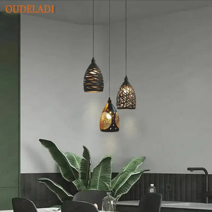 Modern black and gold iron cage pendant light dining room