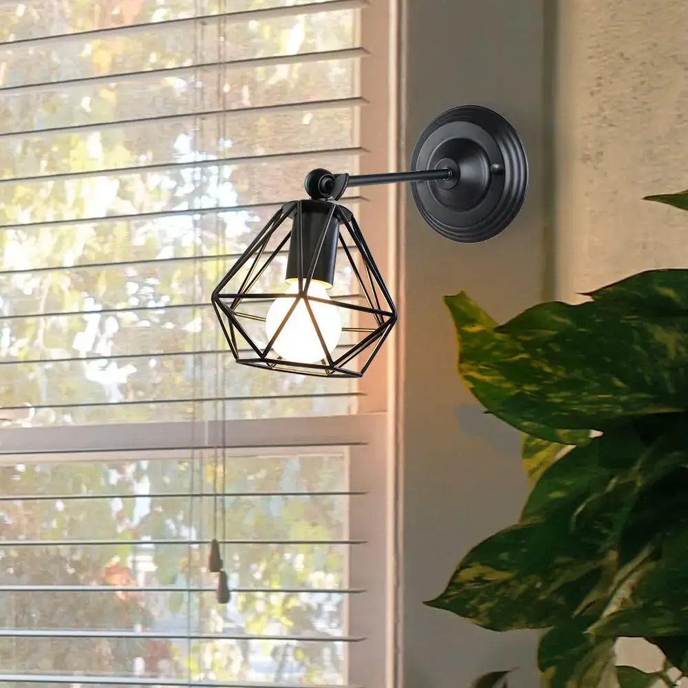 Geometric black iron cage wall light for bedroom decor