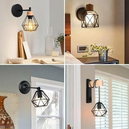 Geometric black iron cage wall light for bedroom decor