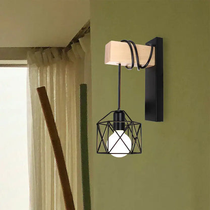 Geometric black iron cage wall light for bedroom decor