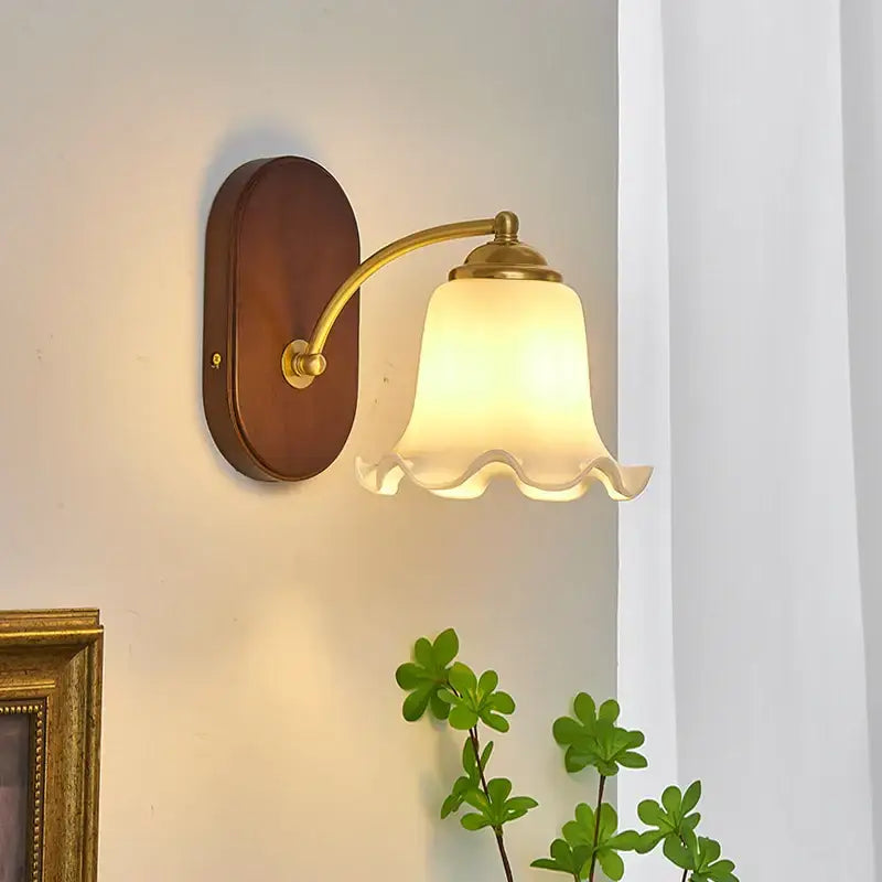 Vintage brass and wood led japanese style wall lights bedroom lamp