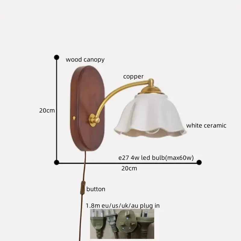 Vintage brass and wood led japanese style wall lights bedroom lamp