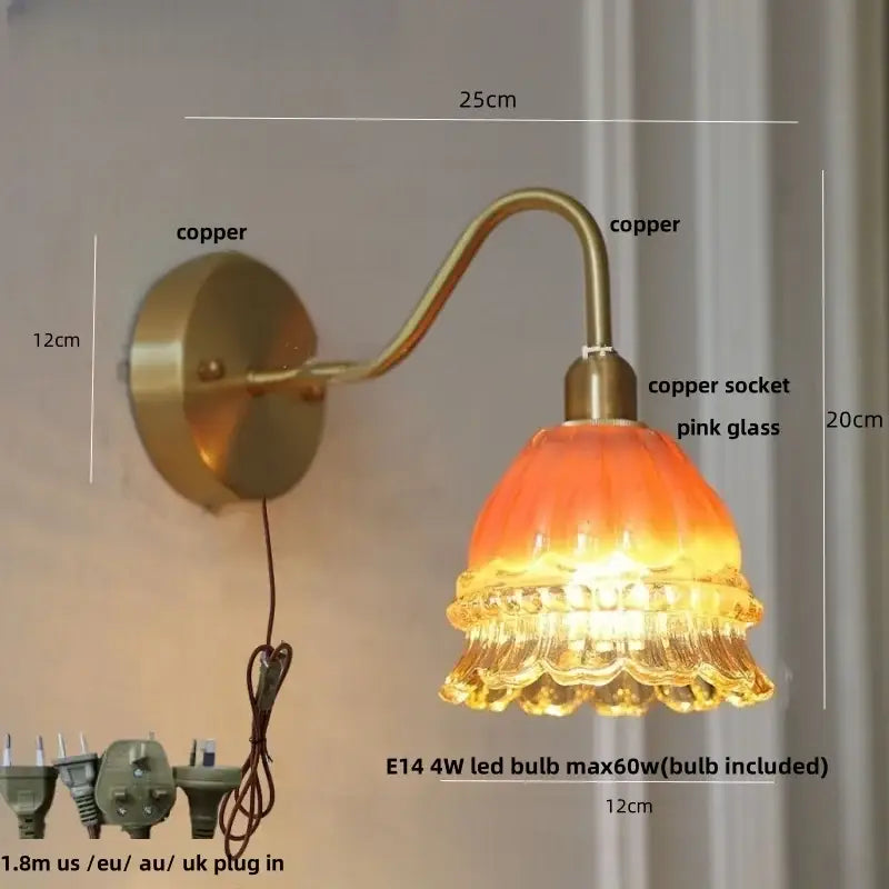 Modern pink glass jellyfish wall lamp bedroom brass light