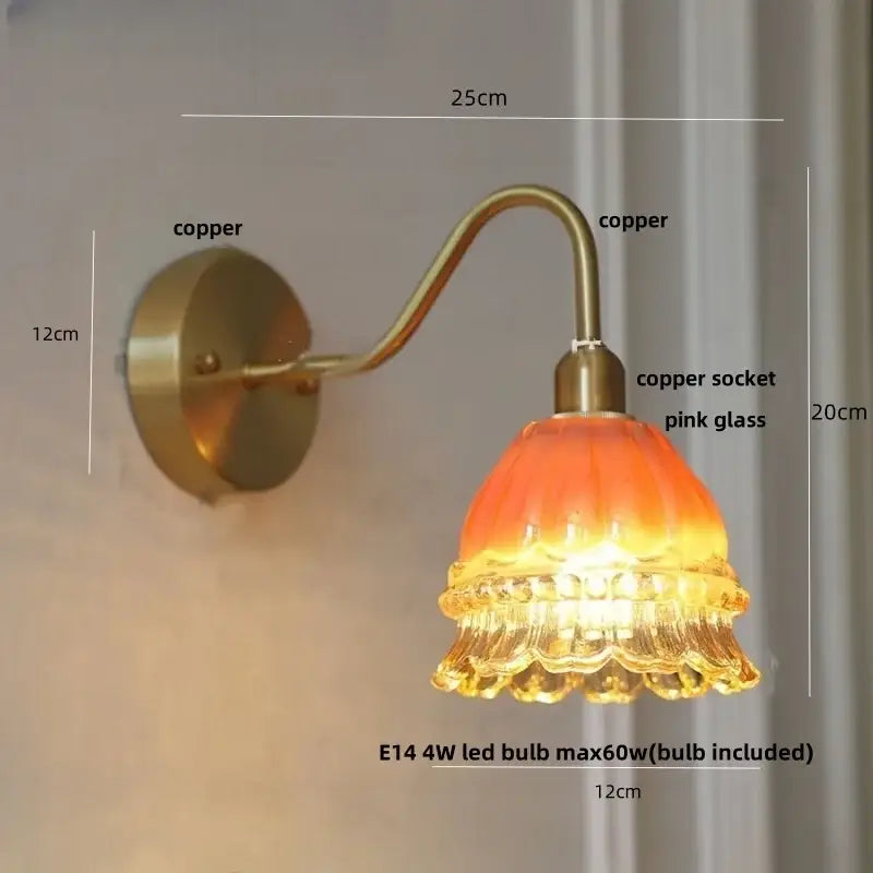 Modern pink glass jellyfish wall lamp bedroom brass light