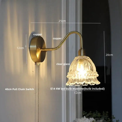 Modern pink glass jellyfish wall lamp bedroom brass light