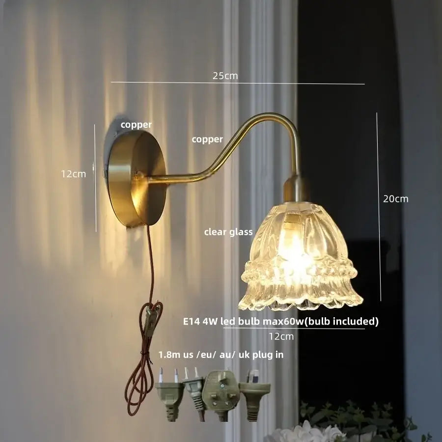 Modern pink glass jellyfish wall lamp bedroom brass light