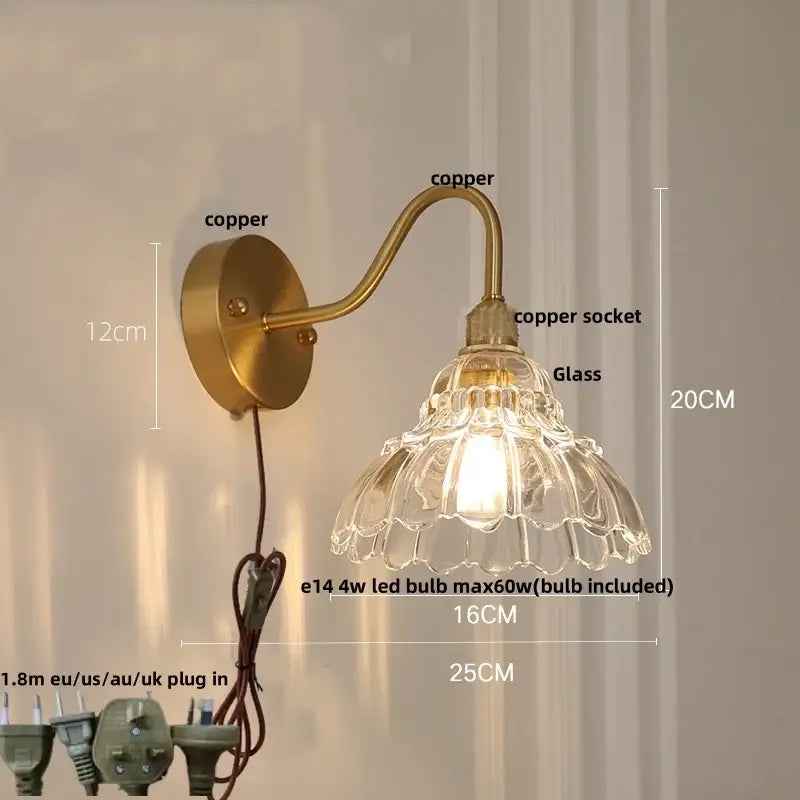 Modern pink glass jellyfish wall lamp bedroom brass light