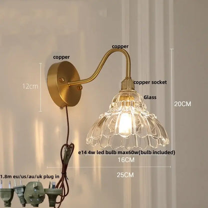 Modern pink glass jellyfish wall lamp bedroom brass light