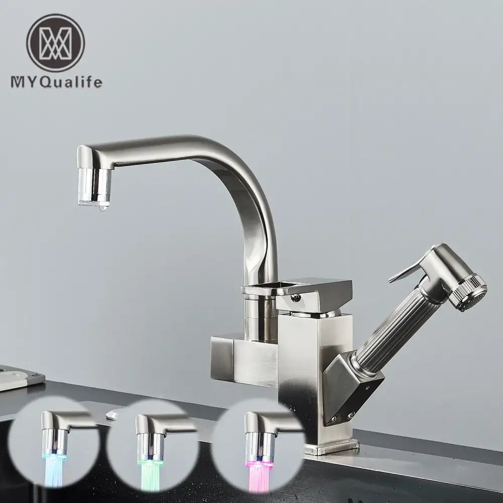 Modern stainless steel led kitchen faucet mixer with pull out spray