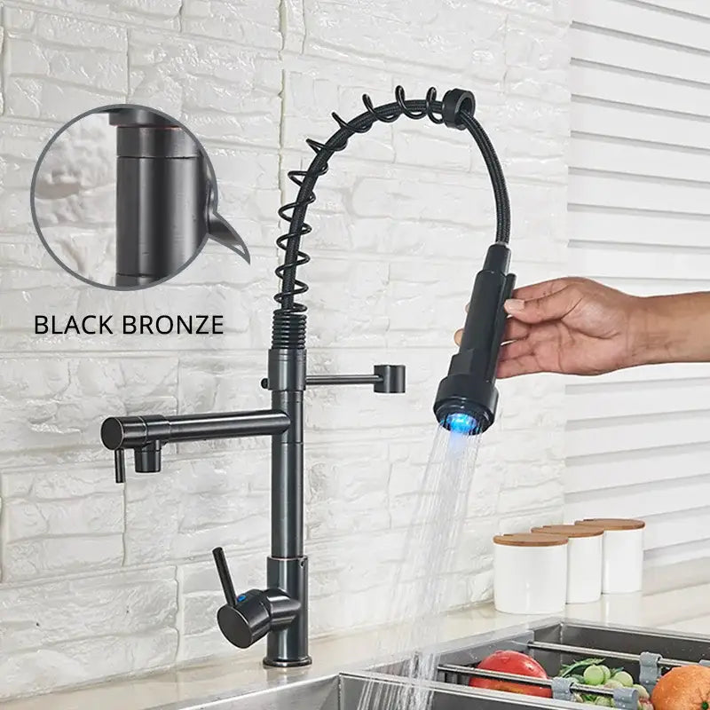 Matte black led kitchen faucet pull down mixer tap with coiled hose
