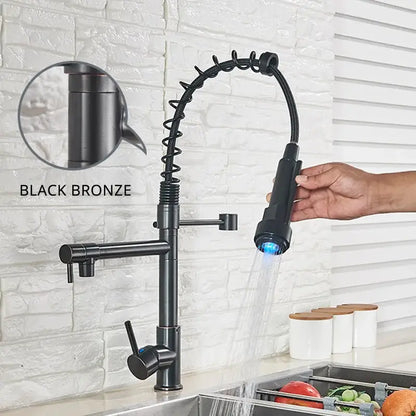 Matte black led kitchen faucet pull down mixer tap with coiled hose