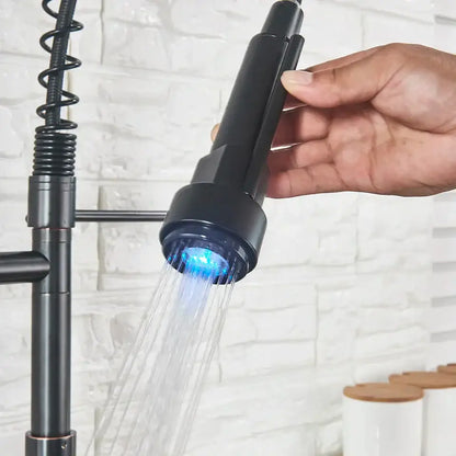 Matte black led kitchen faucet pull down mixer tap with coiled hose