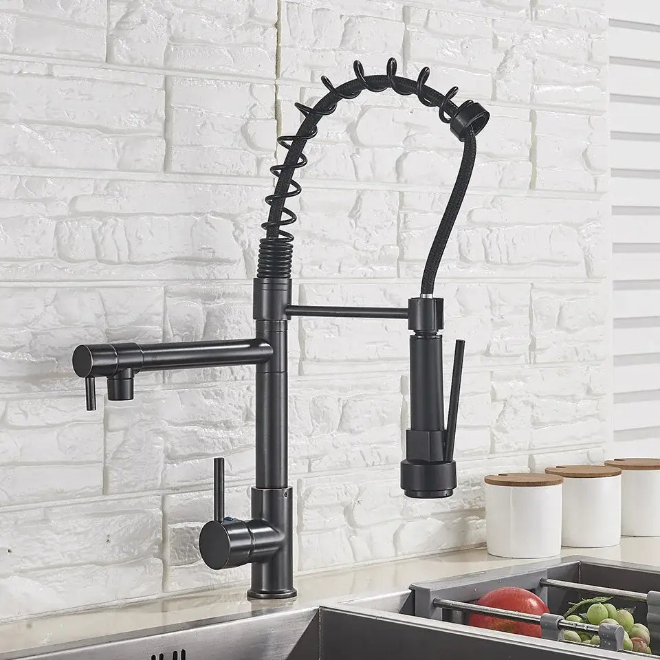 Matte black led kitchen faucet pull down mixer tap with coiled hose