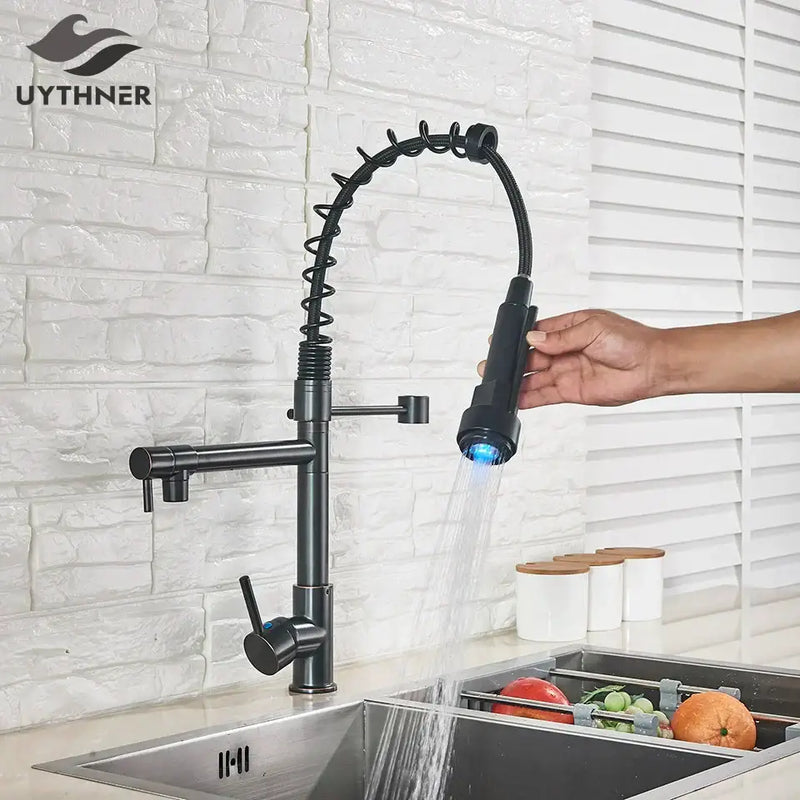 Matte black led kitchen faucet pull down mixer tap with coiled hose