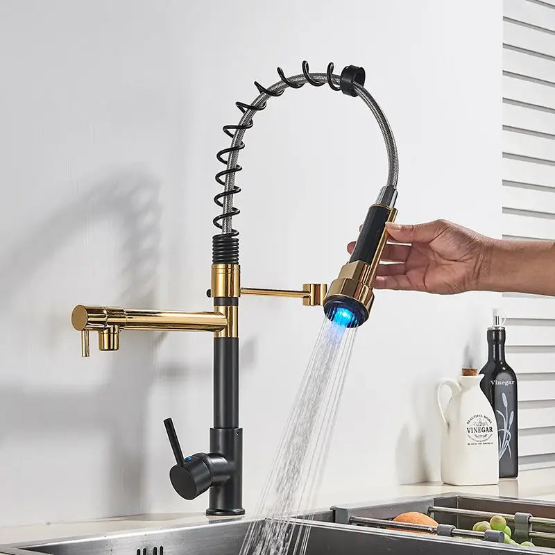 Matte black led kitchen faucet pull down mixer tap with coiled hose