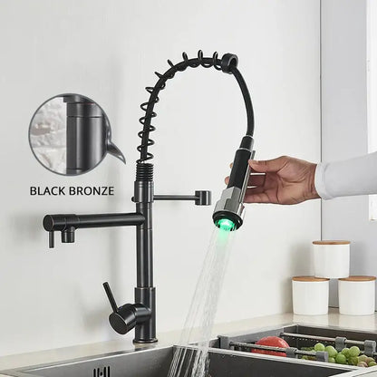 Matte black led kitchen faucet pull down mixer tap with coiled hose