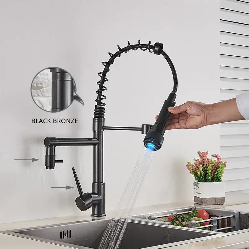 Matte black led kitchen faucet pull down mixer tap with coiled hose