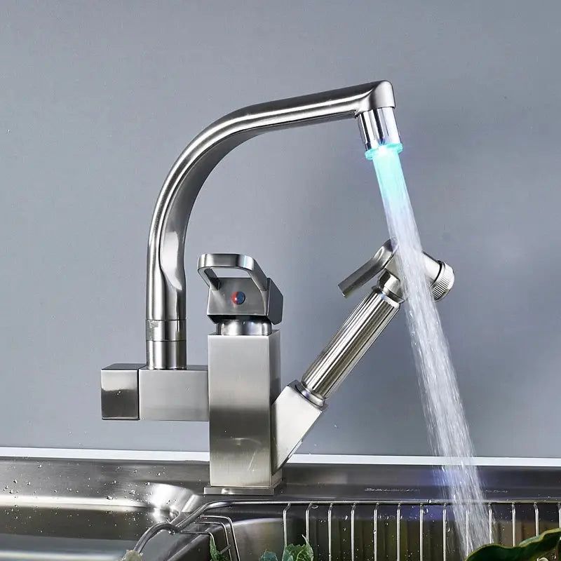 Modern stainless steel led kitchen faucet with pull out sprayer