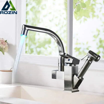 Modern stainless steel led kitchen faucet with pull out sprayer