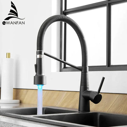Matte black led kitchen faucet with pull out spray head