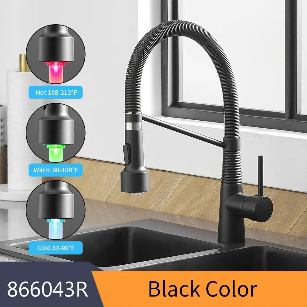 Matte black led kitchen faucet with pull out spray head