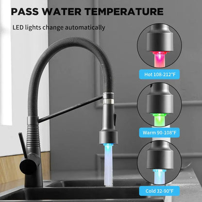 Matte black led kitchen faucet with pull out spray head