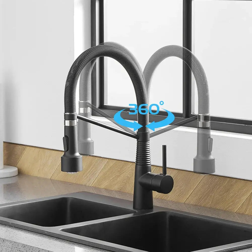 Matte black led kitchen faucet with pull out spray head