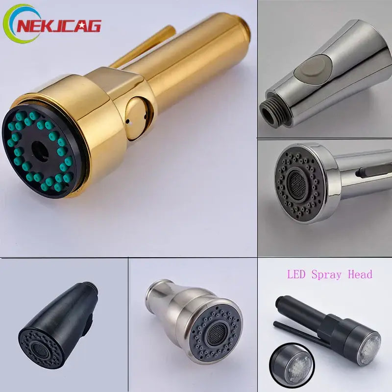 Modern gold led kitchen faucet spray head with teal nozzles