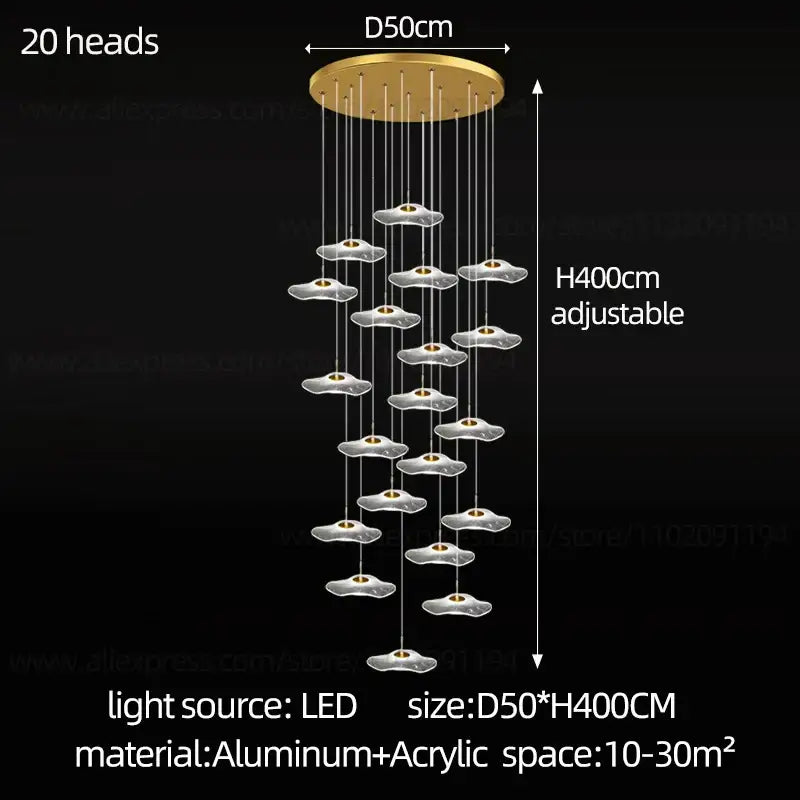 Modern white and gold led lotus staircase chandelier for hotel lobby