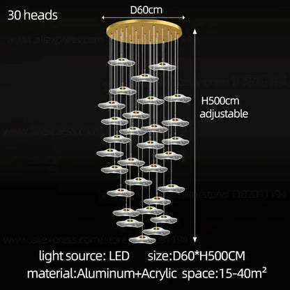 Modern white and gold led lotus staircase chandelier for hotel lobby