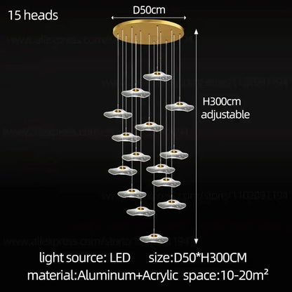 Modern white and gold led lotus staircase chandelier for hotel lobby