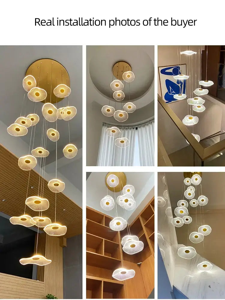 Modern white and gold led lotus staircase chandelier for hotel lobby