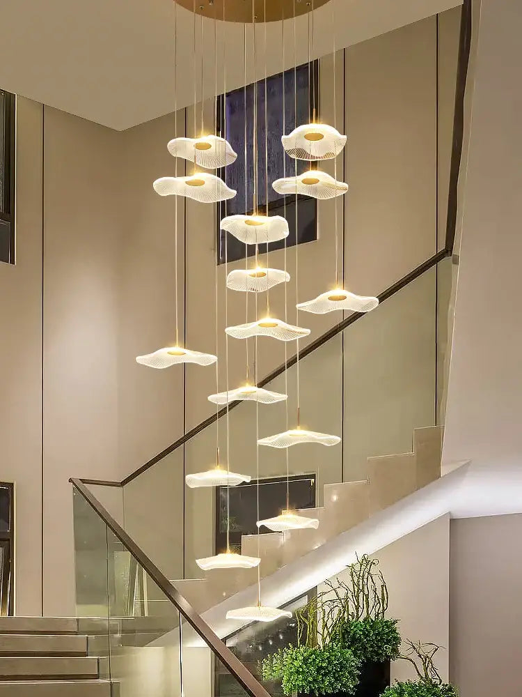 Modern white and gold led lotus staircase chandelier for hotel lobby