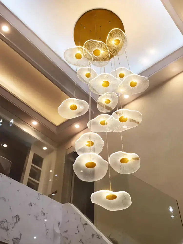 Modern white and gold led lotus staircase chandelier for hotel lobby