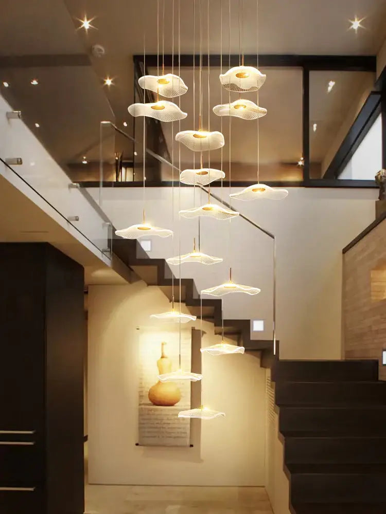 Modern white and gold led lotus staircase chandelier for hotel lobby