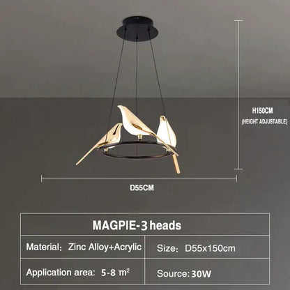 Modern gold led magpie bird pendant light dining room