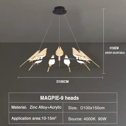 Modern gold led magpie bird pendant light dining room