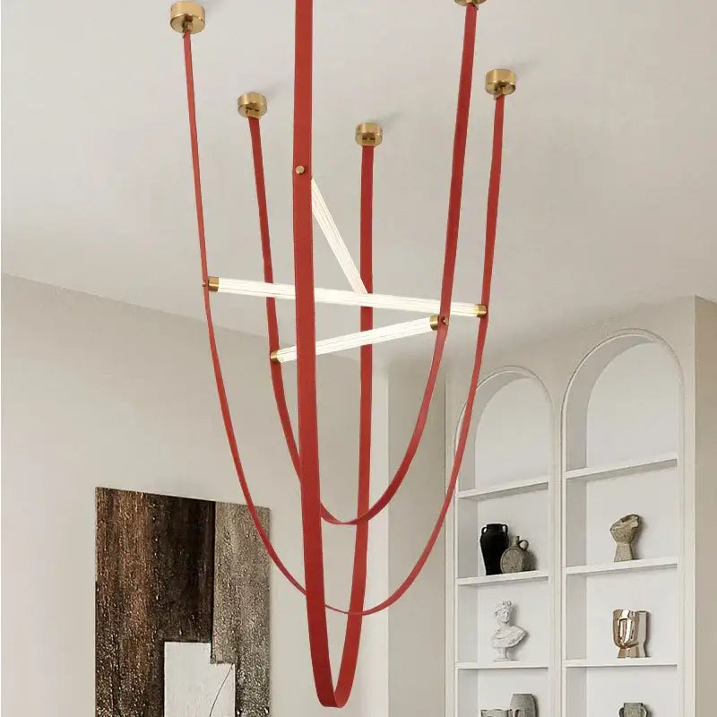 Modern red leather and brass led minimalist chandelier living room