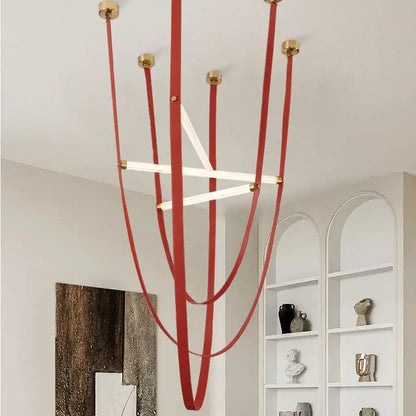 Modern red leather and brass led minimalist chandelier living room