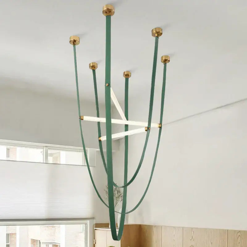 Modern red leather and brass led minimalist chandelier living room